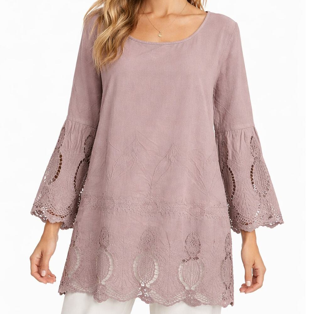Alessa W. Collection Taupe Embroidered Lace Tunic L Boho Bell Sleeve Coastal EUC